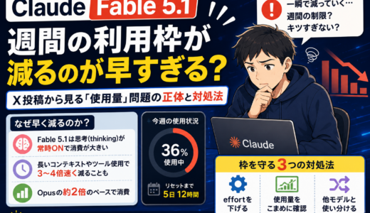 Claude Fable 5.1、週間の利用枠が減るのが早すぎる? X投稿から見る「使用量」問題の正体と対処法